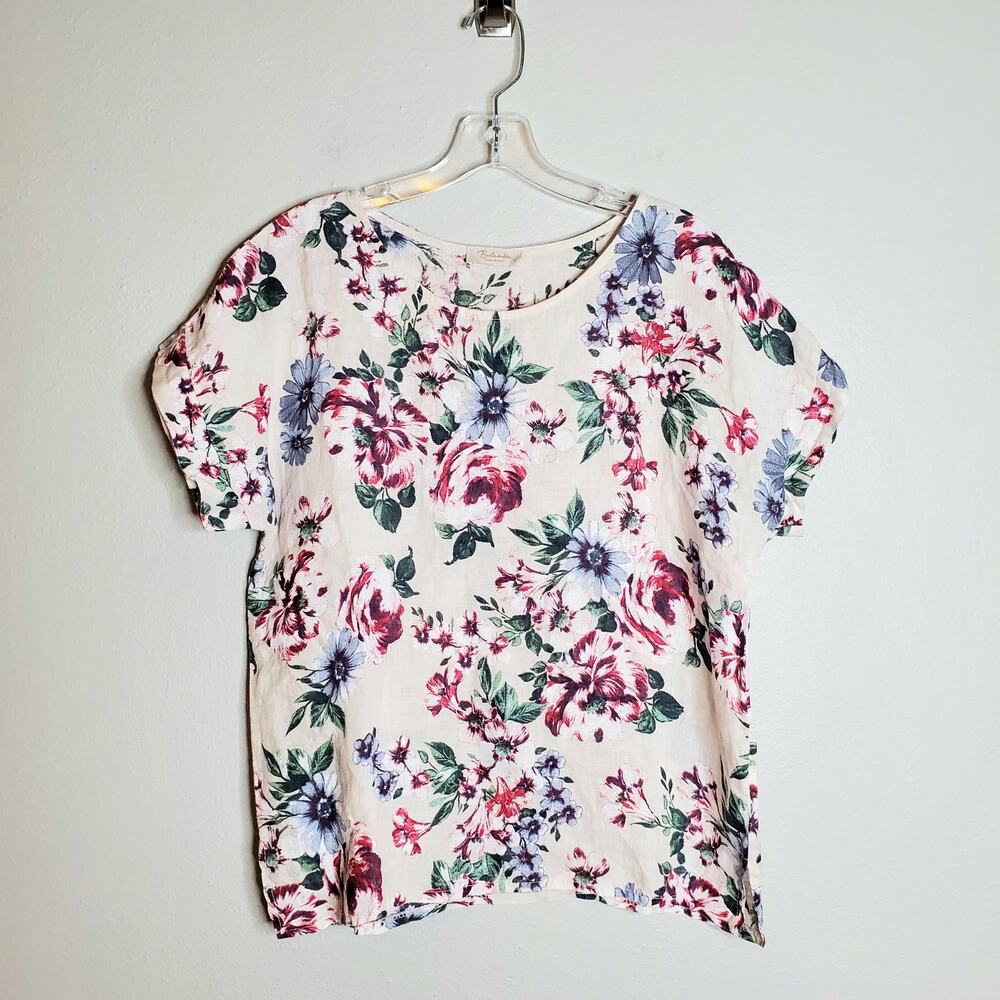 Cottage Romantic Linen Floral Print Boxy Top Small Natural Earthy Bellambra